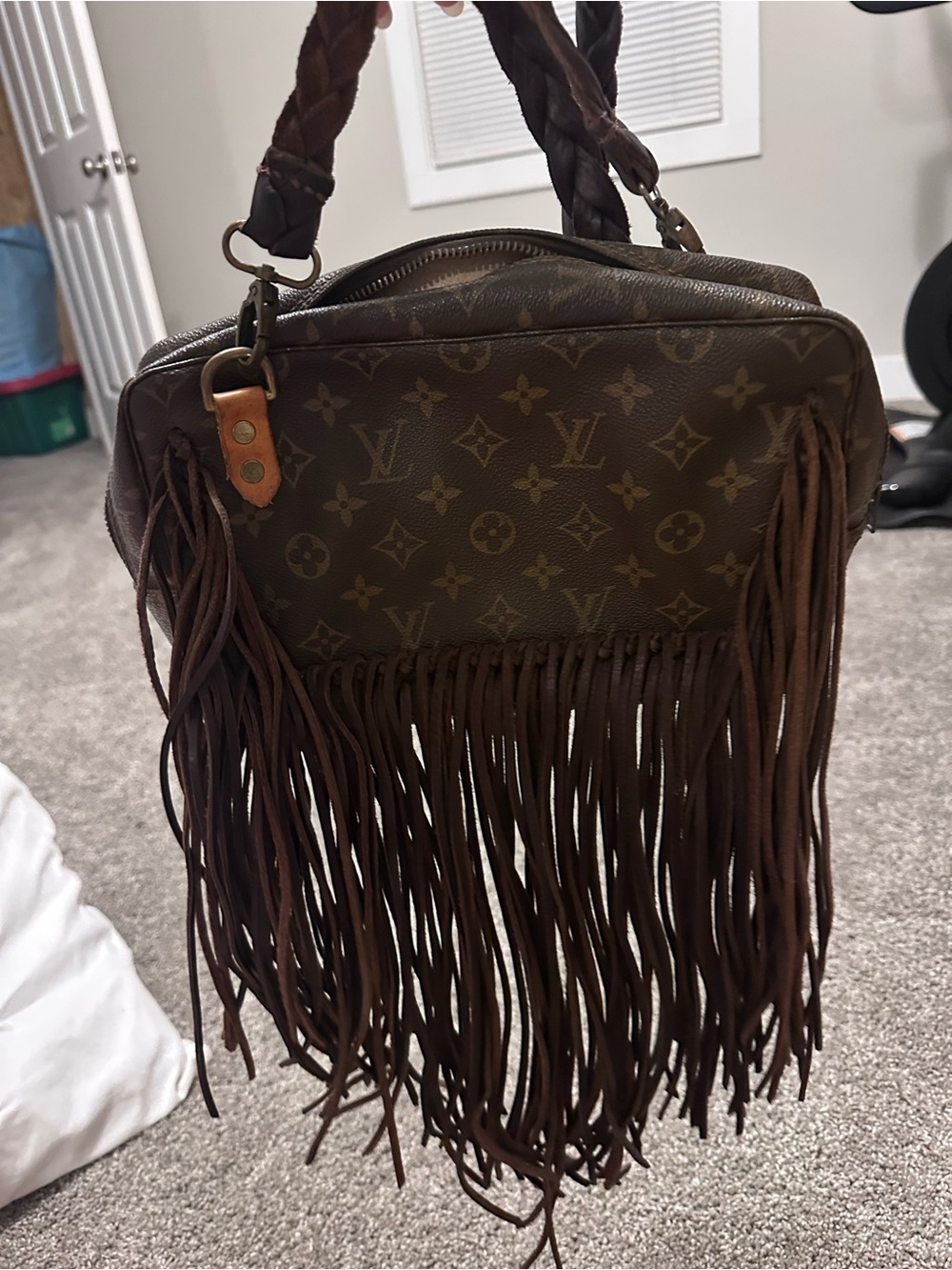 Vintage Boho Bag - Brown Monogram Fringe Shoulder Bag with Braided Strap